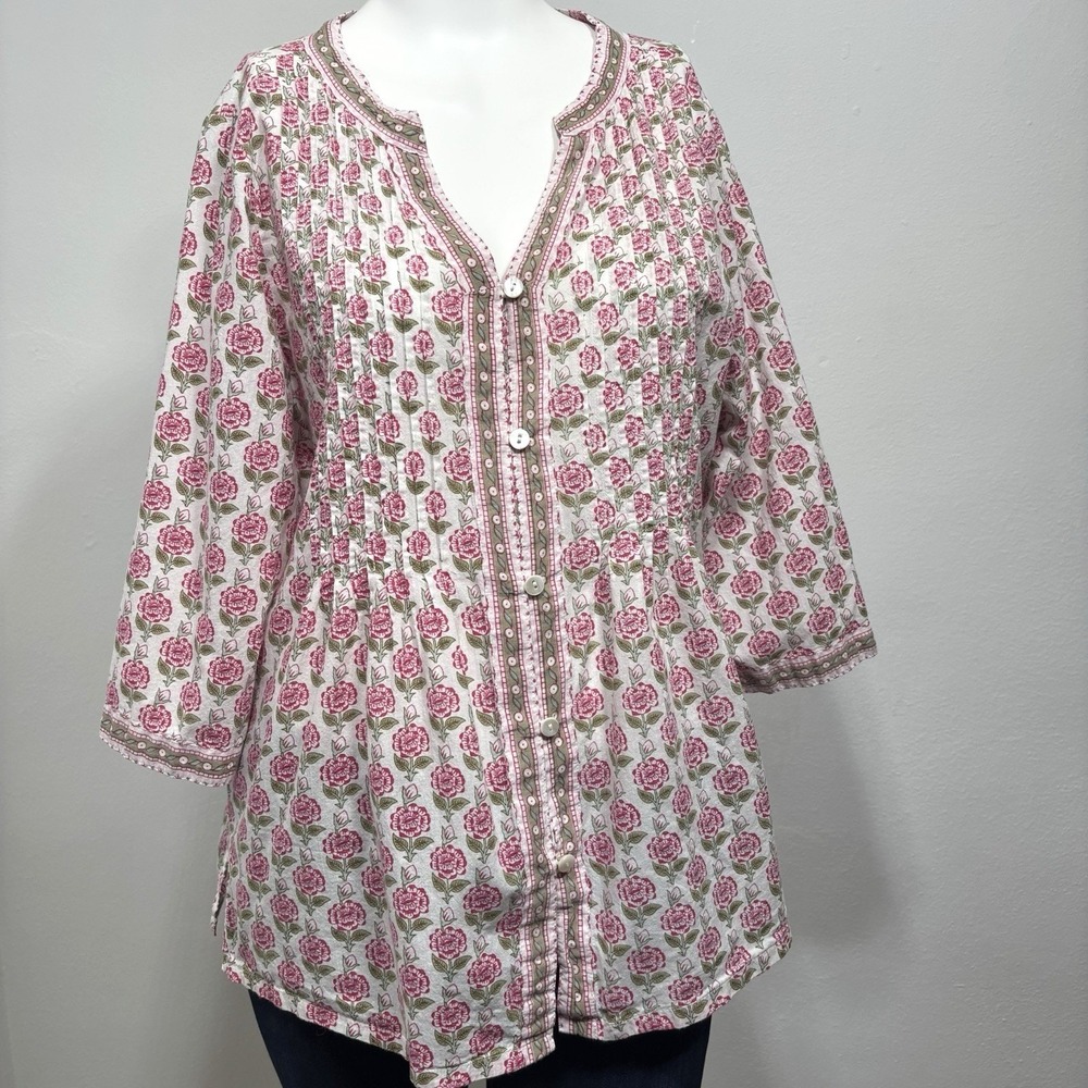 Ella Simone Tunic Womens Medium Floral Pintuck Pleat Cotton Boho